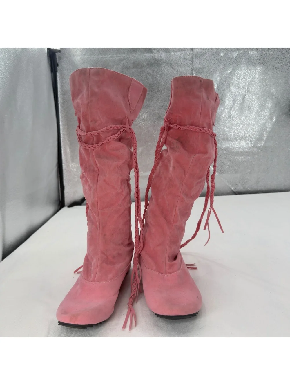Pink Suede Slouchy Knee High Rubber Boots Y2K Braided Fringe Tassel Flat Boot